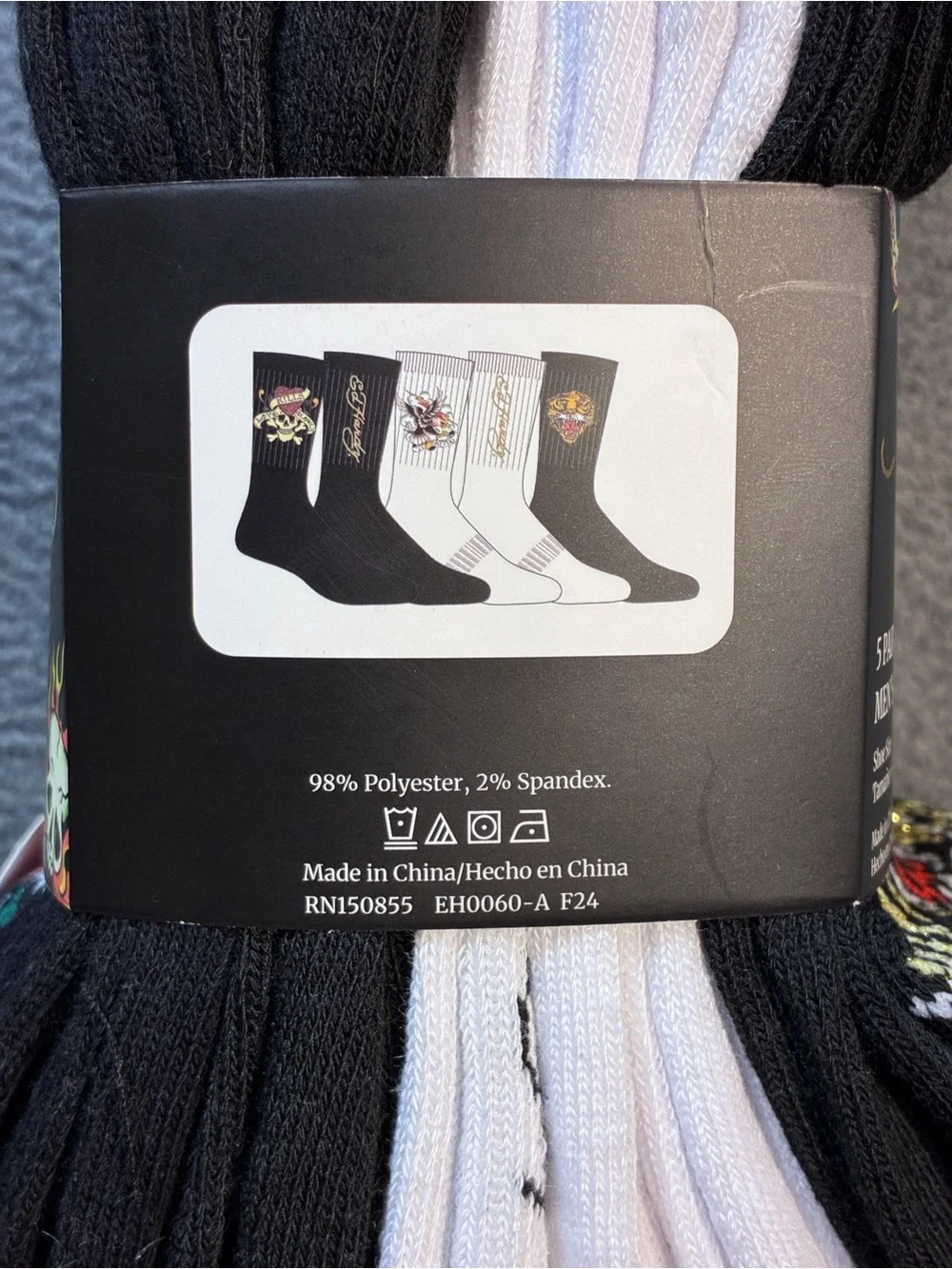 Ed Hardy Black Crew Socks with Multicolor Skull Art - 5 Pair